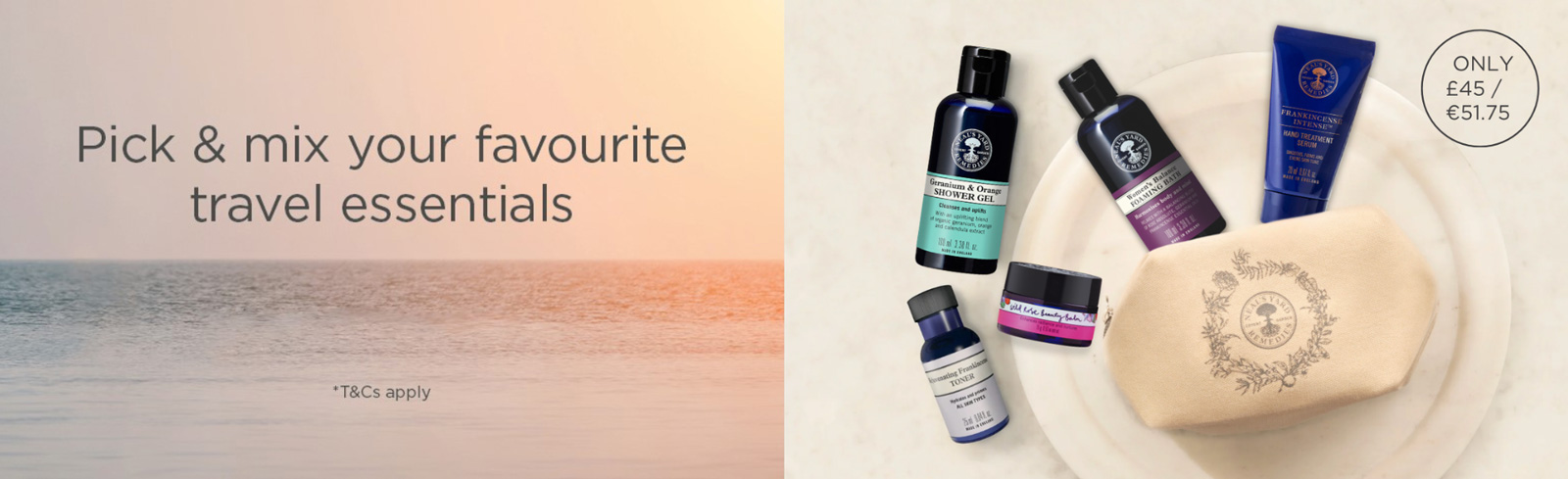 Neal's Yard have a special offer to Pick 'n Mix your favourite travel essentials. Choose one bag and six travel sizes for £45