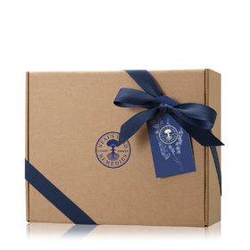 Large Kraft Box, Blue Ribbon, Tissue paper, & Tag